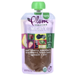 Plum Organics, Mighty 4 Food Group, смесь, груша, вишня, ежевика, клубника, черная фасоль, шпинат и овес, 113 г (4 унции)
