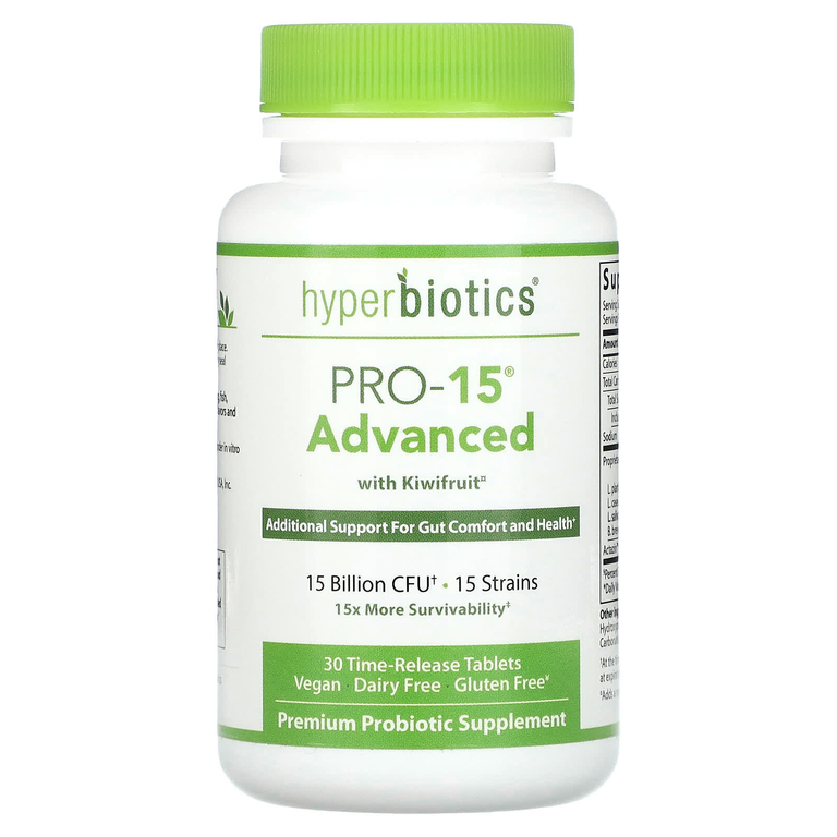 Hyperbiotics, PRO-15, улучшенное средство с киви, 15 млрд КОЕ, 30 таблеток с отсроченным высвобождением
