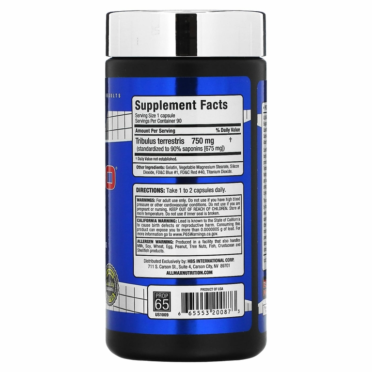 ALLMAX, TribX90, ультраконцентрат, якорцы, 90% сапонинов фурастанолового типа, 750 мг, 90 капсул