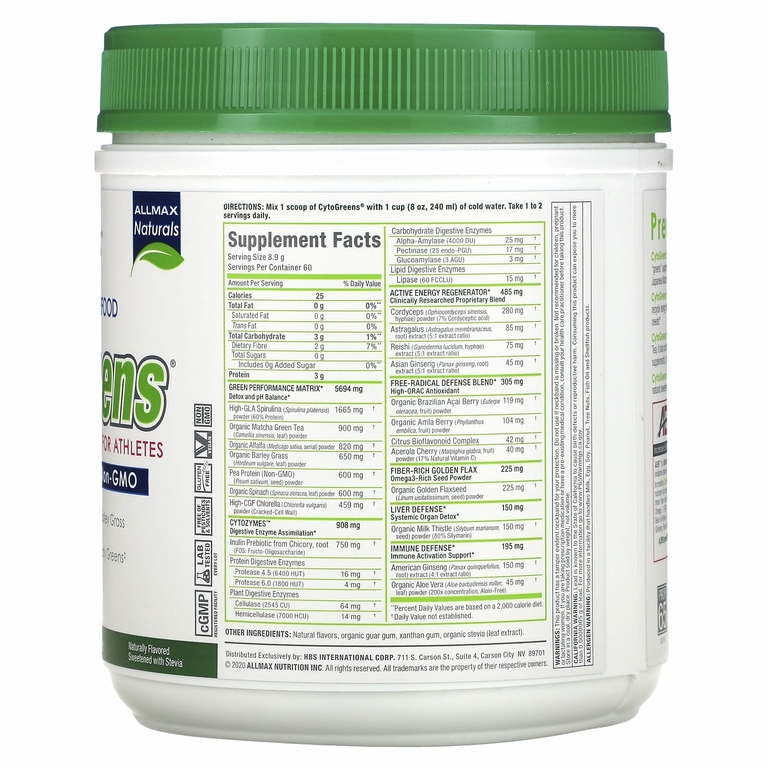 ALLMAX, CytoGreens, зеленый суперпродукт премиального качества для спортсменов, зеленый чай с ягодами асаи, 535 г (1,2 фунта)