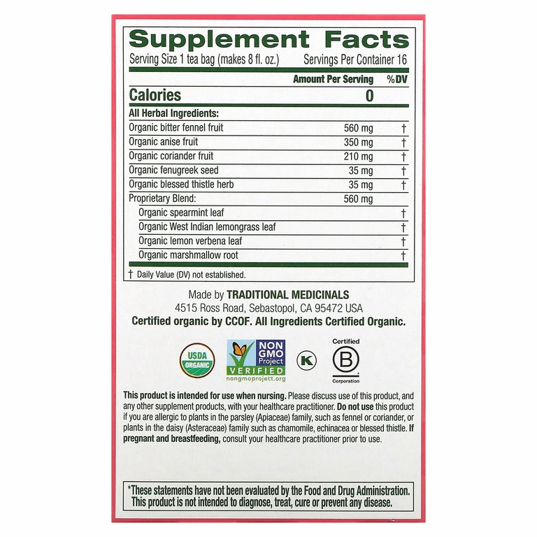Traditional Medicinals, Organic Mother's Milk®, оригинальный продукт с фенхелем и пажитником, без кофеина, 16 чайных пакетиков в упаковке, 28 г (0,99 унции)