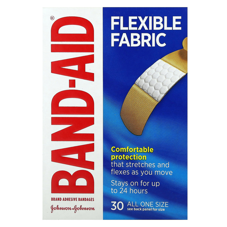Band Aid, Лейкопластырные повязки, гибкая ткань, 30 повязок (Товар снят с продажи) 