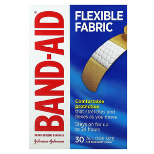 Band Aid, Лейкопластырные повязки, гибкая ткань, 30 повязок (Товар снят с продажи) 
