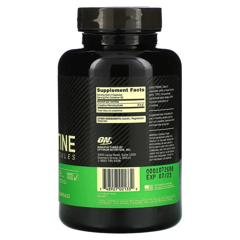 Optimum Nutrition, микронизированный креатин в капсулах, 2,5 г, 100 капсул (1,25 г в 1 капсуле)