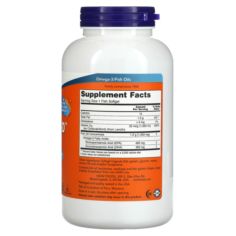 NOW Foods, ультраомега-3 с витамином D, 600 ЭПК / 300 ДГК, 180 капсул из рыбьего желатина