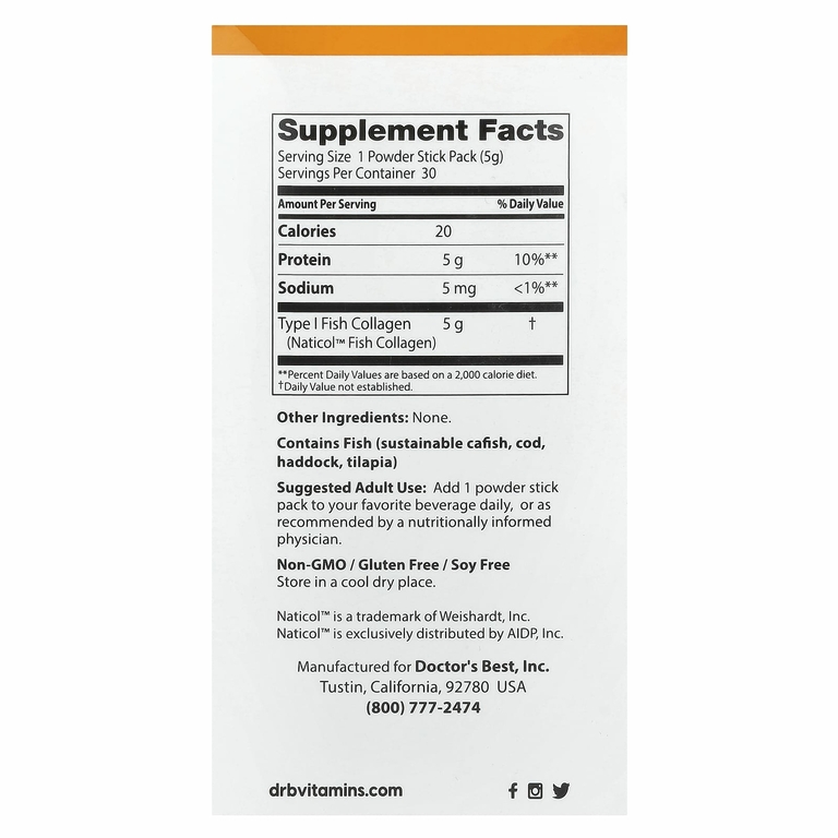 Doctor's Best, рыбий коллаген с Naticol, 5 г, 30 пакетиков в форме порошка-стика, 150 г (5,3 унции)