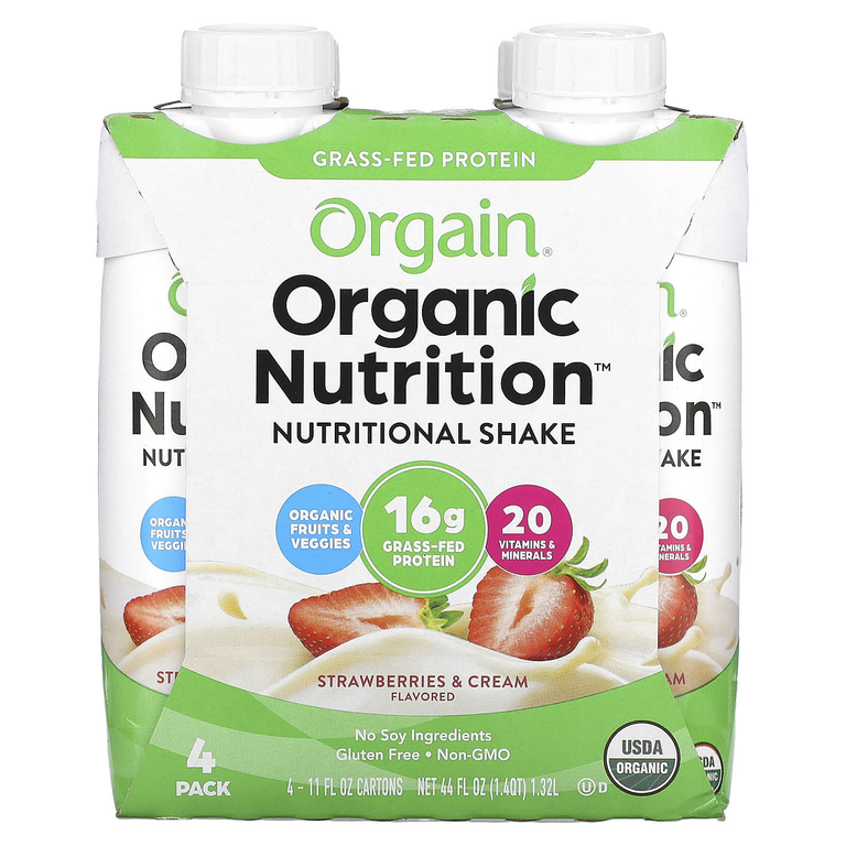 Orgain, Organic Nutrition, питательный коктейль, клубника и сливки, 4 упаковки по 330 мл (11 жидк. унц.)