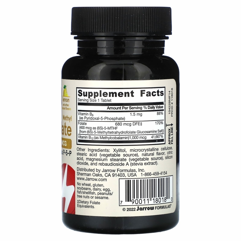 Jarrow Formulas, веганский метил B12 и метилфолат, повышенная сила действия, со вкусом лимона, 100 жевательных таблеток