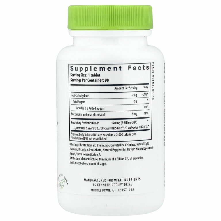 Vital Nutrients, пробиотики для полости рта, натуральный мятный вкус, 90 веганских жевательных таблеток