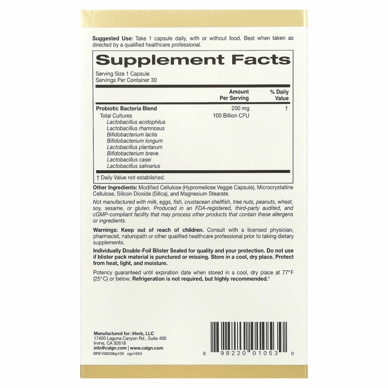 California Gold Nutrition, LactoBif® 100, пробиотики, 100 млрд КОЕ, 30 растительных капсул