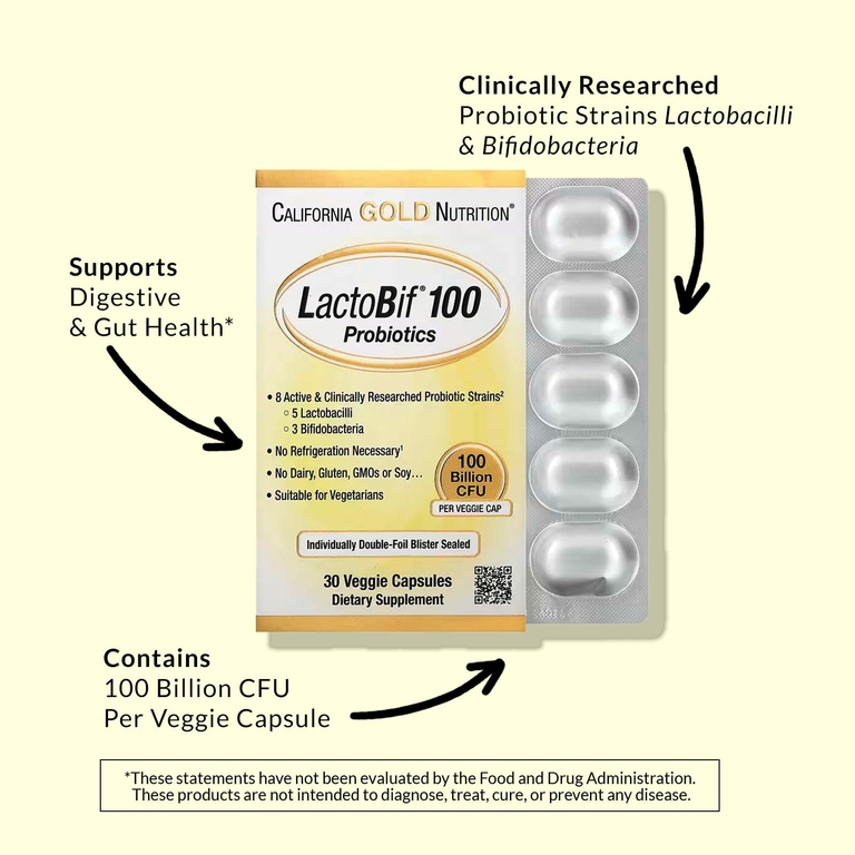 California Gold Nutrition, LactoBif® 100, пробиотики, 100 млрд КОЕ, 30 растительных капсул