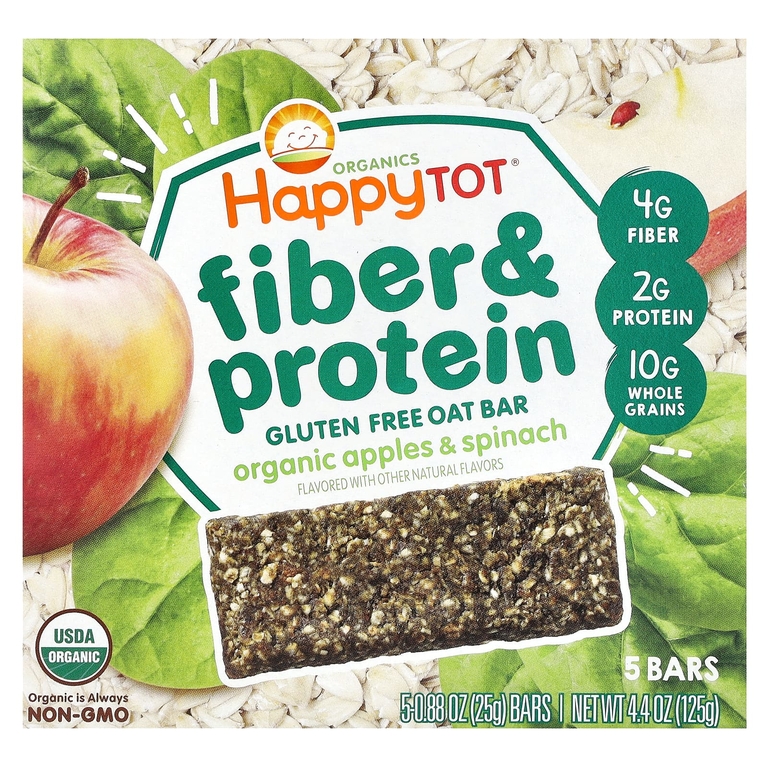 Happy Family Organics, Happy Tot, овсяный батончик с клетчаткой и протеином, для детей от 2 лет, органические яблоки и шпинат, 5 батончиков по 25 г (0,88 унции)