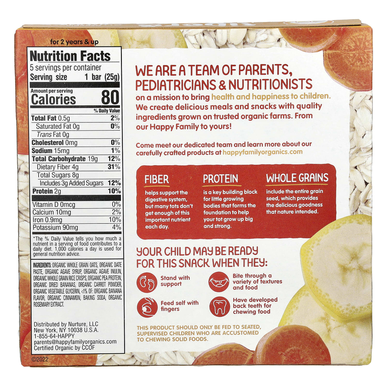 Happy Family Organics, Organics HappyTot®, овсяный батончик с клетчаткой и протеином, органические бананы и морковь, 5 батончиков, 25 г (0,88 унции)