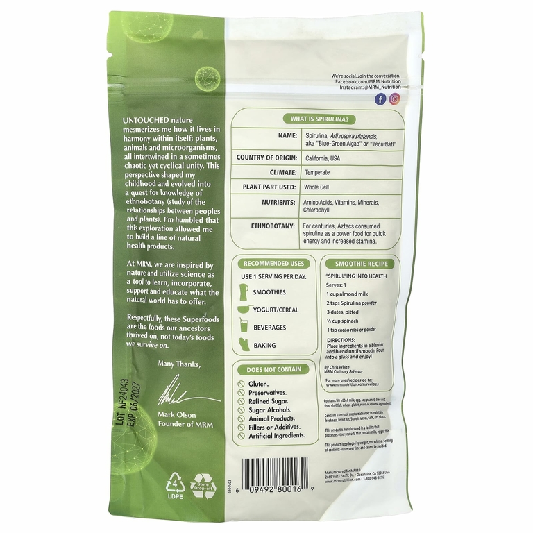 MRM Nutrition, Порошок необработанной спирулины, 240 г (8,5 унции)