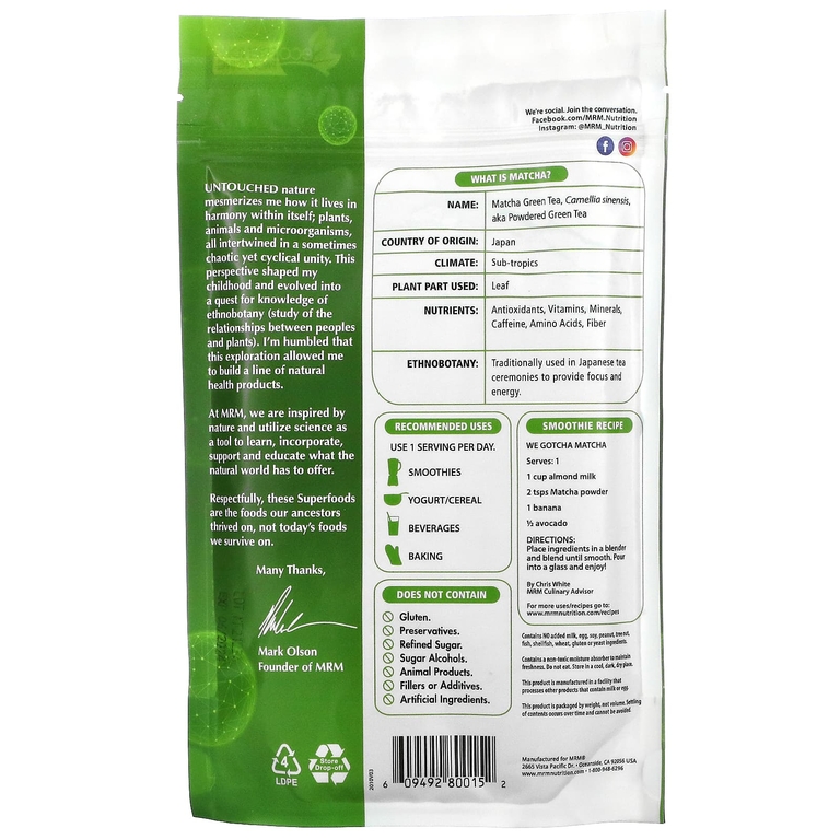 MRM Nutrition, Зеленый чай матча в порошке, 170 г (6 унций)