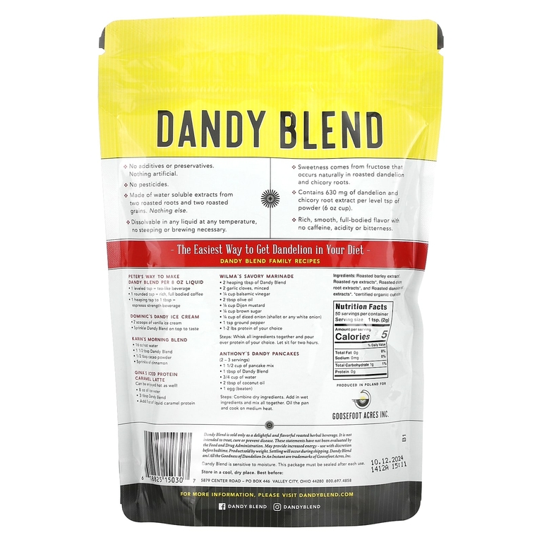 Dandy Blend, растворимый травяной напиток с органическим одуванчиком, без кофеина, 100 г (3,53 унции)