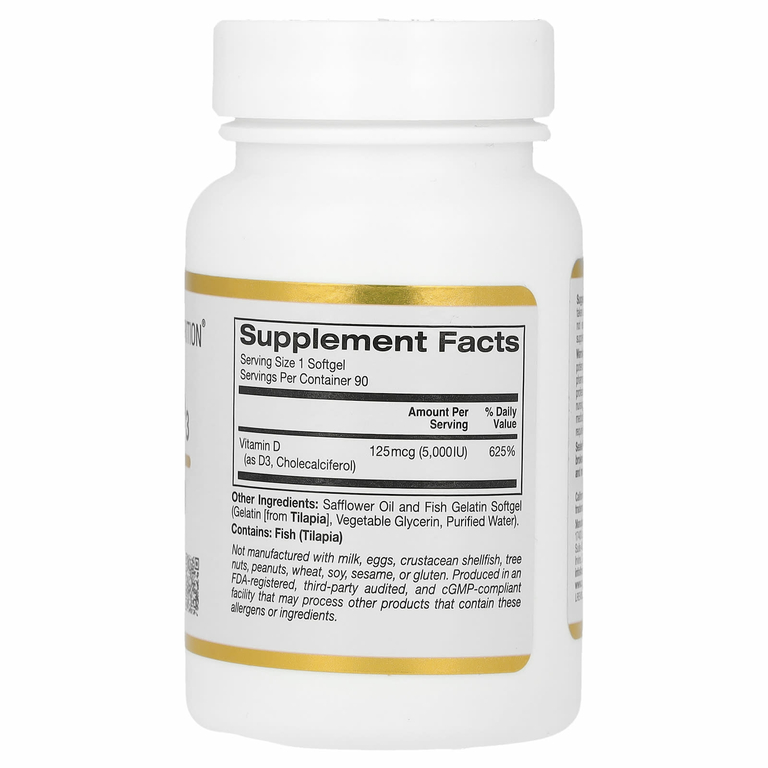 California Gold Nutrition, витамин D3, 125 мкг (5000 МЕ), 90 капсул из рыбьего желатина