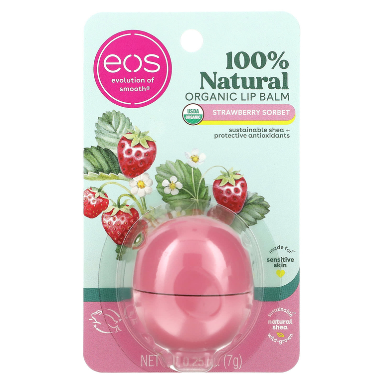 EOS, 100% натуральный органический бальзам для губ, с ароматом клубничного сорбета, 7 г (0,25 унции)