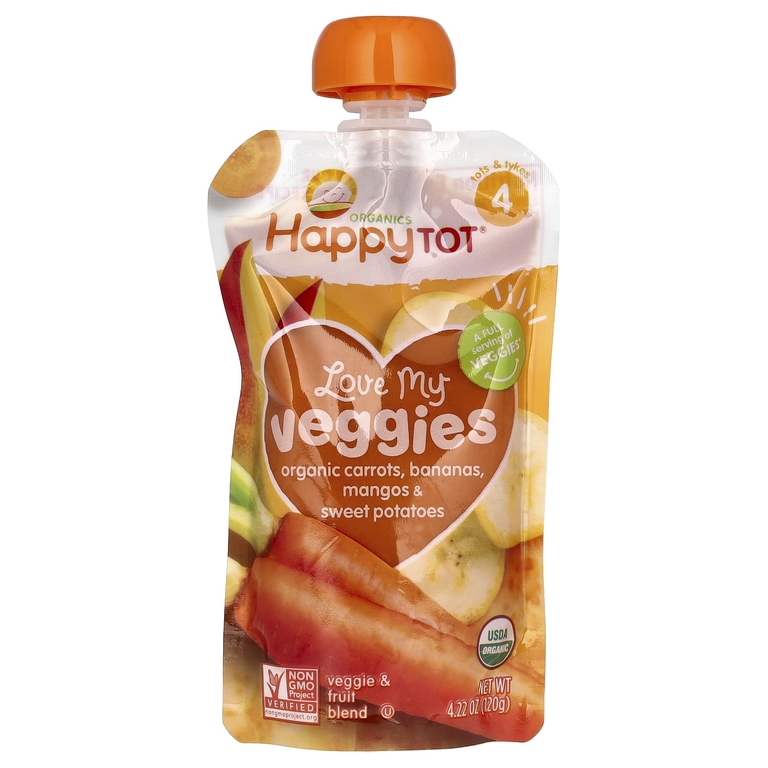 Happy Family Organics, Happy Tot, Love My Veggies, этап 4, органическая морковь, бананы, манго и батат, 4 пакетика по 120 г (4,22 унции)