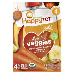 Happy Family Organics, Happy Tot, Love My Veggies, этап 4, органическая морковь, бананы, манго и батат, 4 пакетика по 120 г (4,22 унции)
