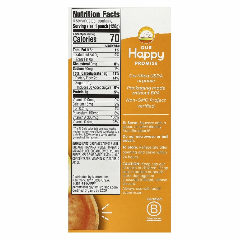 Happy Family Organics, Happy Tot, Love My Veggies, этап 4, органическая морковь, бананы, манго и батат, 4 пакетика по 120 г (4,22 унции)