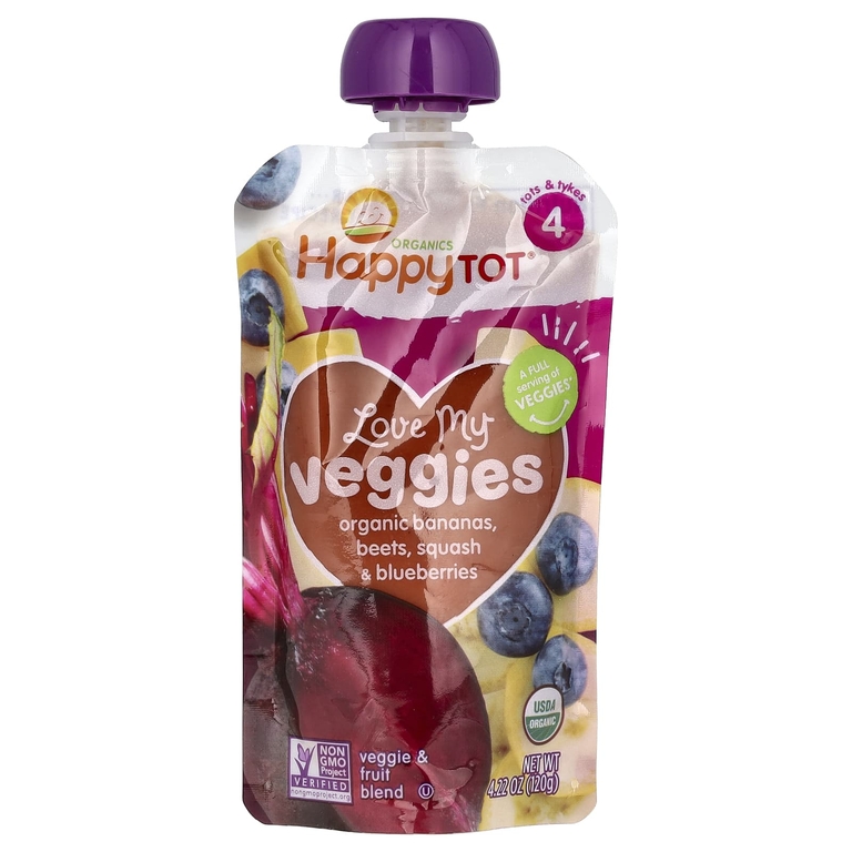Happy Family Organics, Happy Tot, Stage 4, Love My Veggies, органические бананы, свекла, тыква и голубика, 4 пакетика по 120 г (4,22 унции)