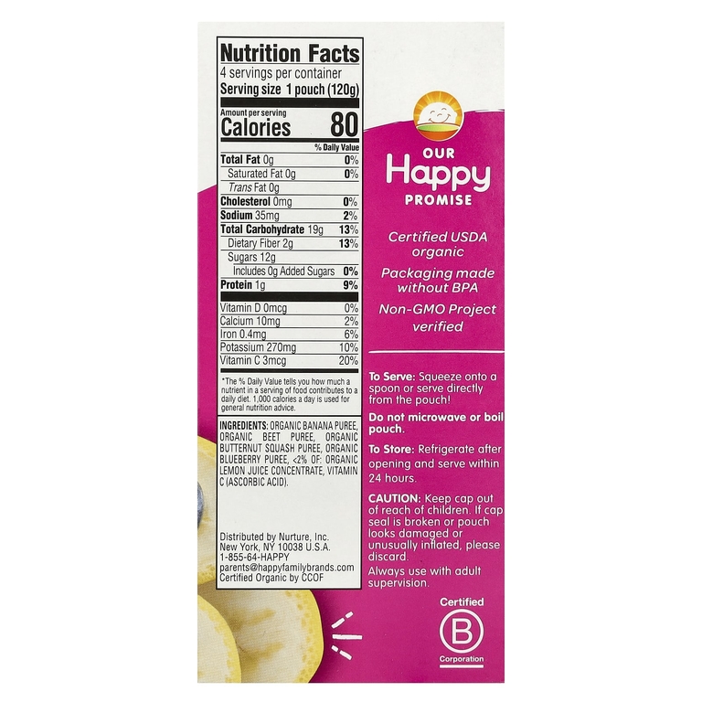 Happy Family Organics, Happy Tot, Stage 4, Love My Veggies, органические бананы, свекла, тыква и голубика, 4 пакетика по 120 г (4,22 унции)