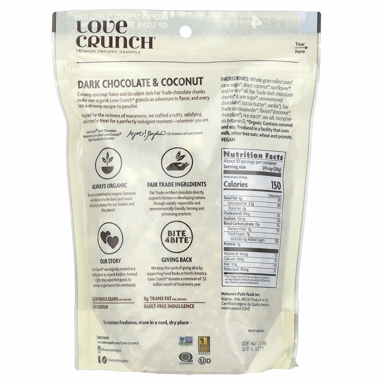 Nature's Path, Love Crunch®, органическая гранола премиального качества, темный шоколад и кокос, 325 г (11,5 унции)