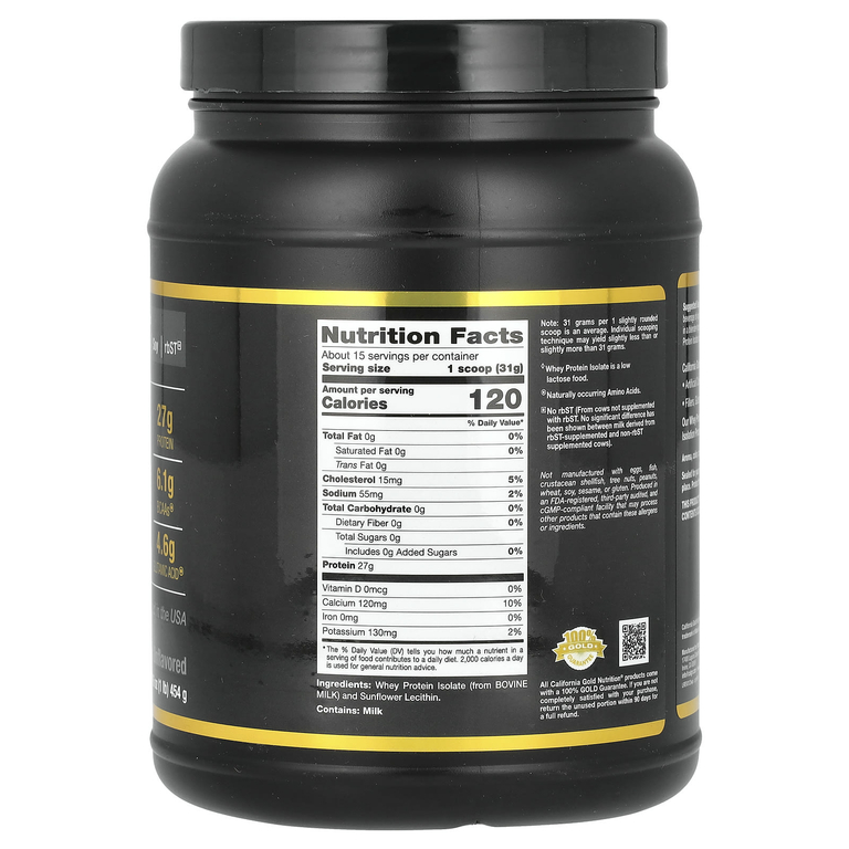 California Gold Nutrition, Sport, изолят сывороточного протеина, без добавок, 454 г (1 фунт)