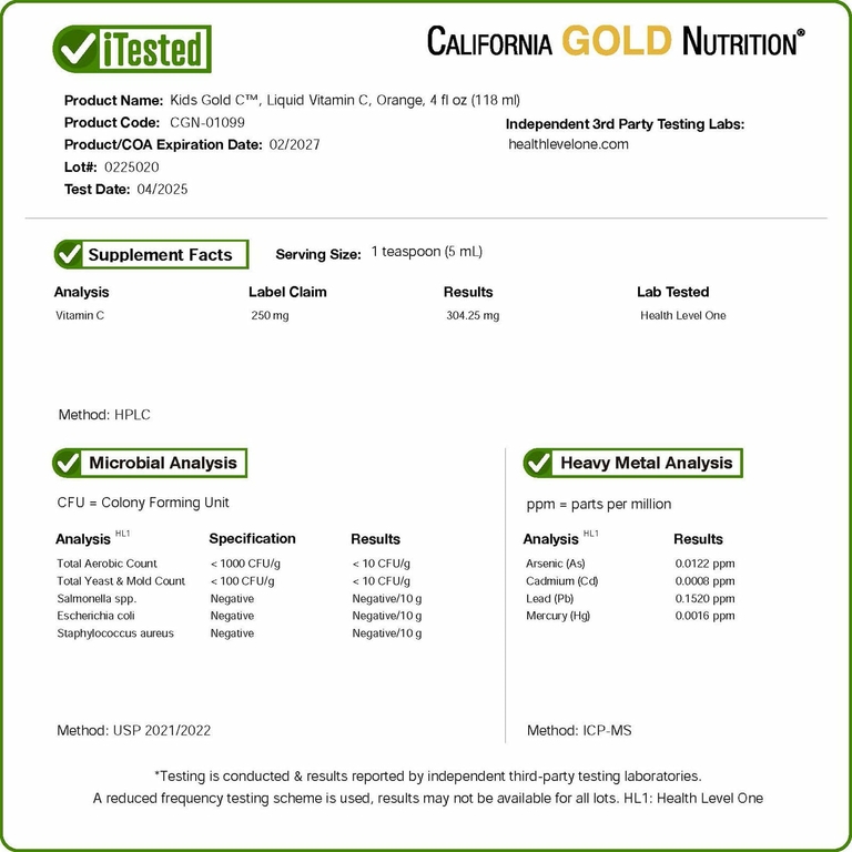California Gold Nutrition, витамин C в жидкой форме для детей, класса USP, со вкусом терпкого апельсина, 118 мл (4 жидк. унции)