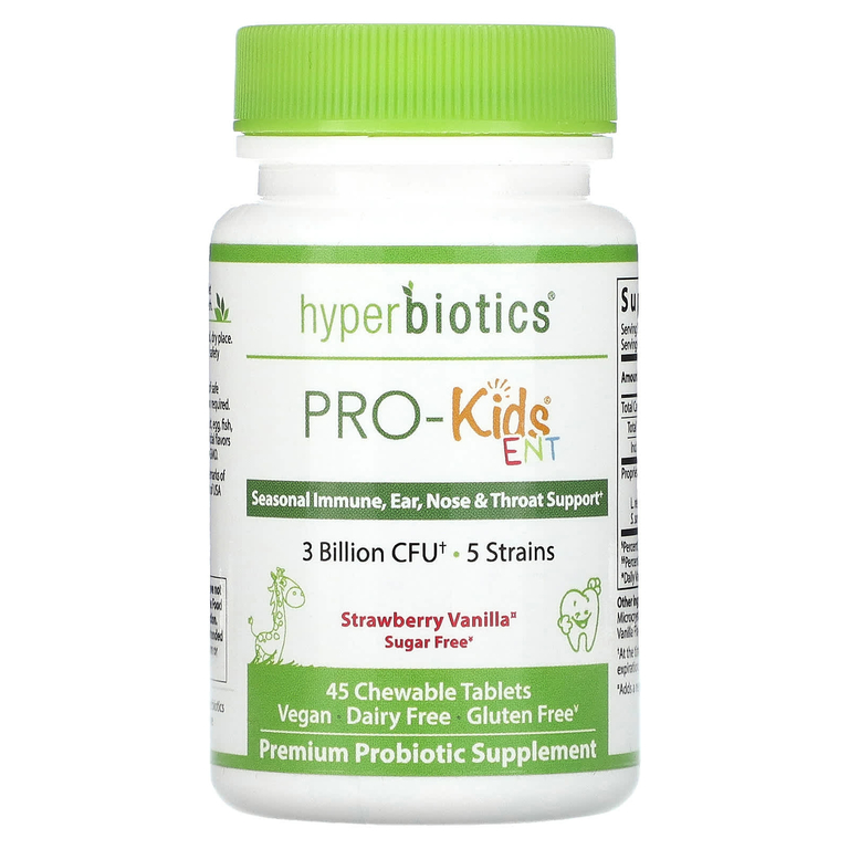 Hyperbiotics, PRO-Kids ENT, без сахара, со вкусом клубники и ванили, 3 млрд КОЕ, 45 жевательных таблеток