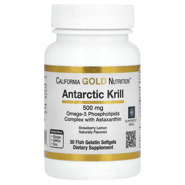 California Gold Nutrition, масло антарктического криля, комплекс фосфолипидов из омега-3 с астаксантином, натуральный вкус клубники и лимона, 500 мг, 30 капсул из рыбьего желатина