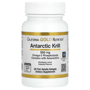 California Gold Nutrition, масло антарктического криля, комплекс фосфолипидов из омега-3 с астаксантином, натуральный вкус клубники и лимона, 500 мг, 30 капсул из рыбьего желатина