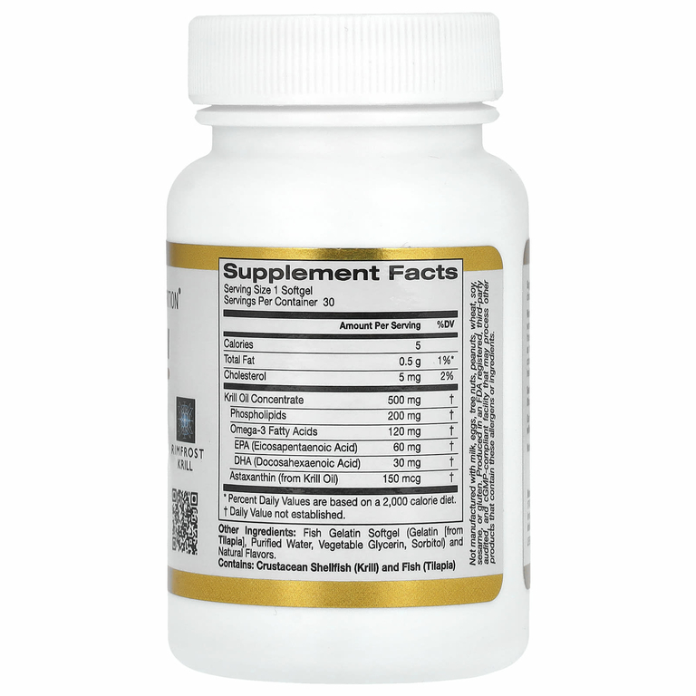 California Gold Nutrition, масло антарктического криля, комплекс фосфолипидов из омега-3 с астаксантином, натуральный вкус клубники и лимона, 500 мг, 30 капсул из рыбьего желатина