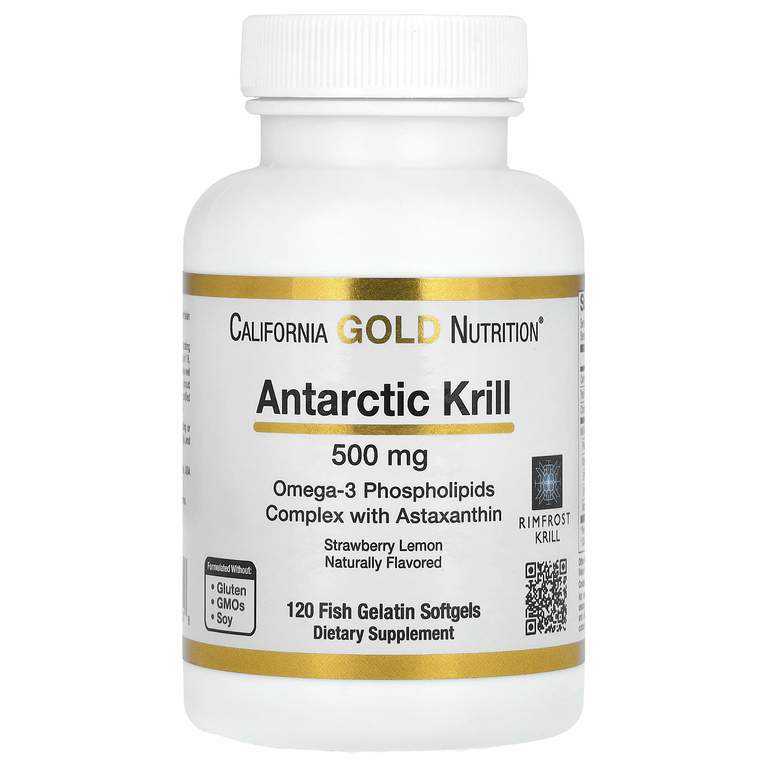 California Gold Nutrition, масло антарктического криля, комплекс фосфолипидов из омега-3 с астаксантином, натуральный вкус клубники и лимона, 500 мг, 120 капсул из рыбьего желатина