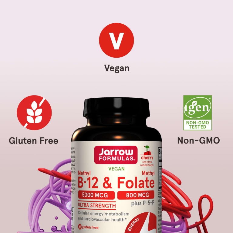 Jarrow Formulas, веганский метил B12 и метилфолат, максимальная сила действия, со вкусом вишни, 60 жевательных таблеток