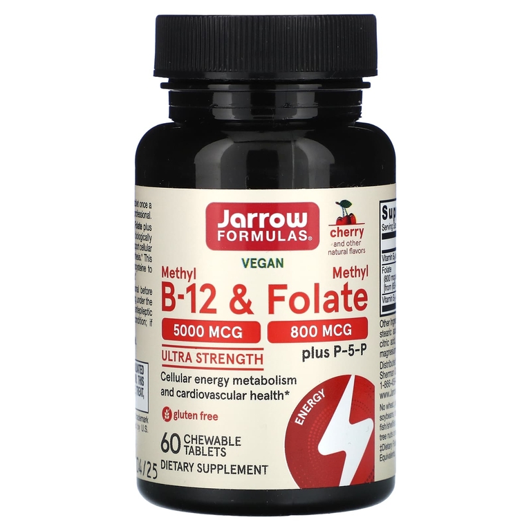 Jarrow Formulas, веганский метил B12 и метилфолат, максимальная сила действия, со вкусом вишни, 60 жевательных таблеток