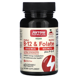 Jarrow Formulas, веганский метил B12 и метилфолат, максимальная сила действия, со вкусом вишни, 60 жевательных таблеток