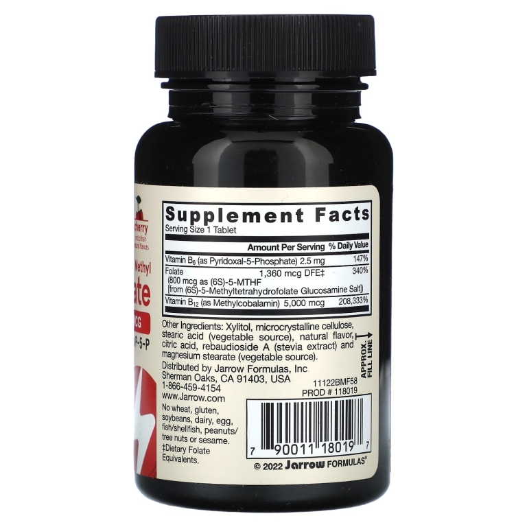 Jarrow Formulas, веганский метил B12 и метилфолат, максимальная сила действия, со вкусом вишни, 60 жевательных таблеток