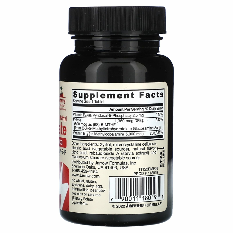 Jarrow Formulas, веганский метил B12 и метилфолат, максимальная сила действия, со вкусом вишни, 60 жевательных таблеток