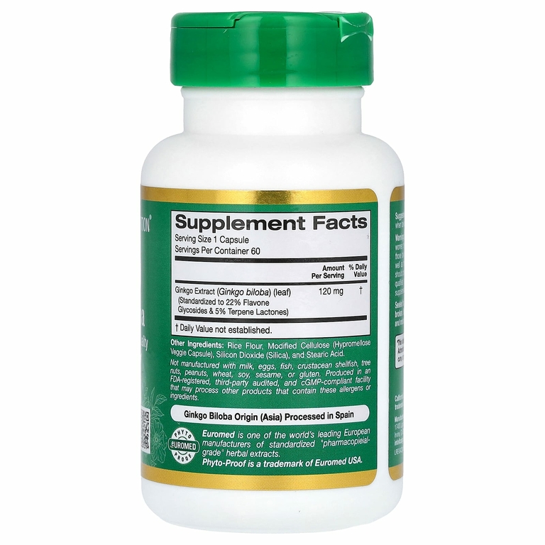 California Gold Nutrition, EuroHerbs, экстракт гинкго билоба, качество Euromed, 120 мг, 60 растительных капсул