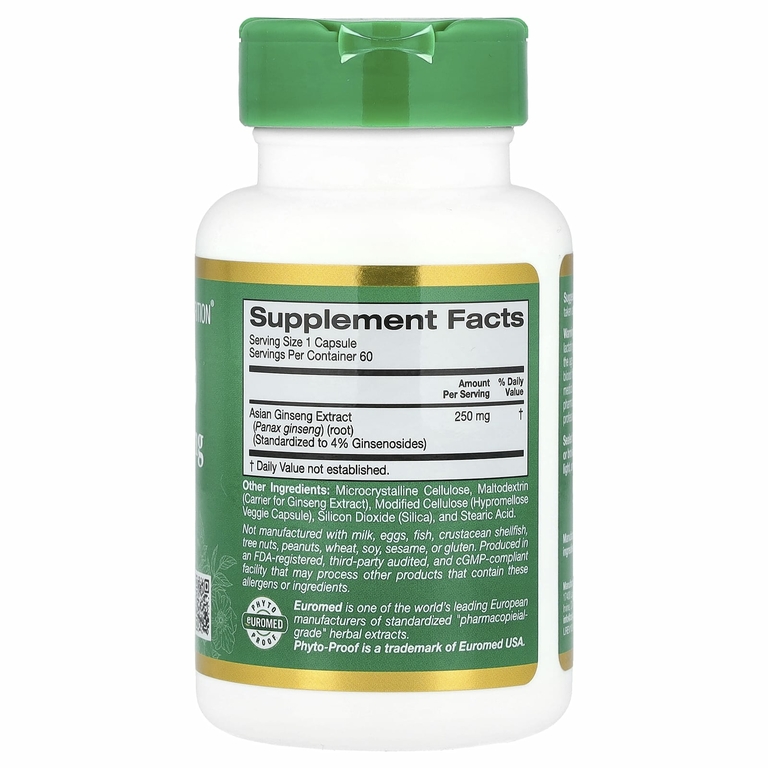 California Gold Nutrition, EuroHerbs ™, экстракт женьшеня обыкновенного, качество Euromed, 250 мг, 60 растительных капсул