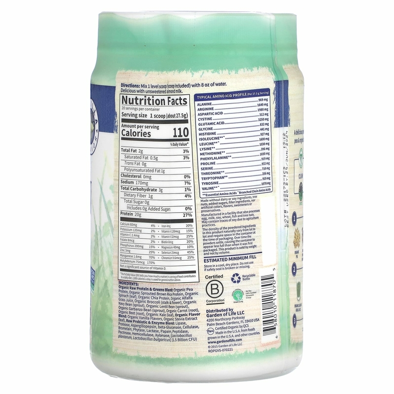 Garden of Life, RAW Protein & Greens, формула с органическими растениями, ваниль, 550 г (19,40 унции)