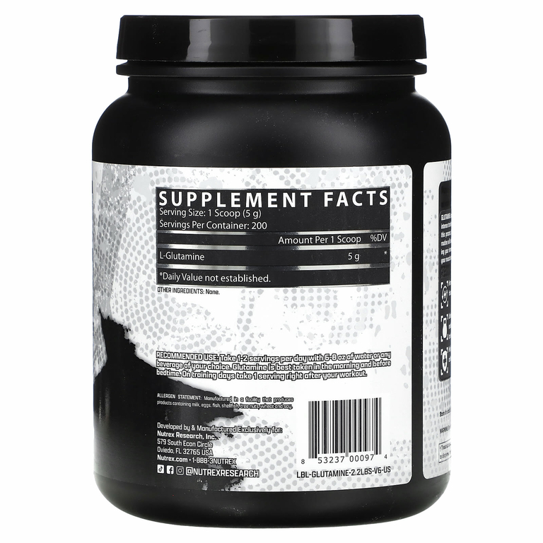 Nutrex Research, чистый глутамин, без вкусовых добавок, 1000 г (2,2 фунта)