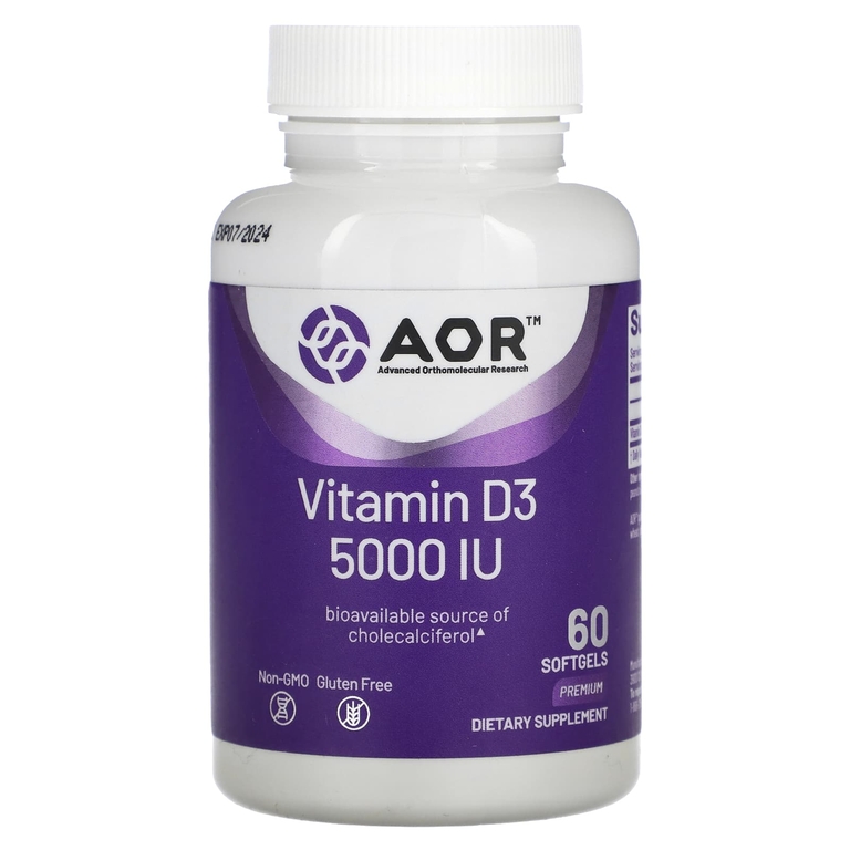 Advanced Orthomolecular Research AOR, Витамин D3, 5000 МЕ, 60 мягких таблеток (Товар снят с продажи) 
