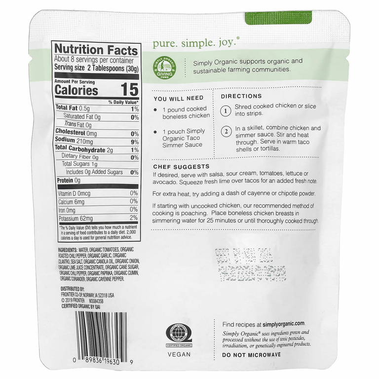 Simply Organic, нежный соус тако для курицы, 227 г (8 унций)