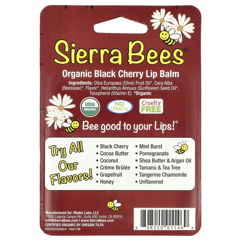 Sierra Bees, Органические бальзамы для губ, с запахом черешни, 4 в упаковке, 4,25 г (15 унций) каждый