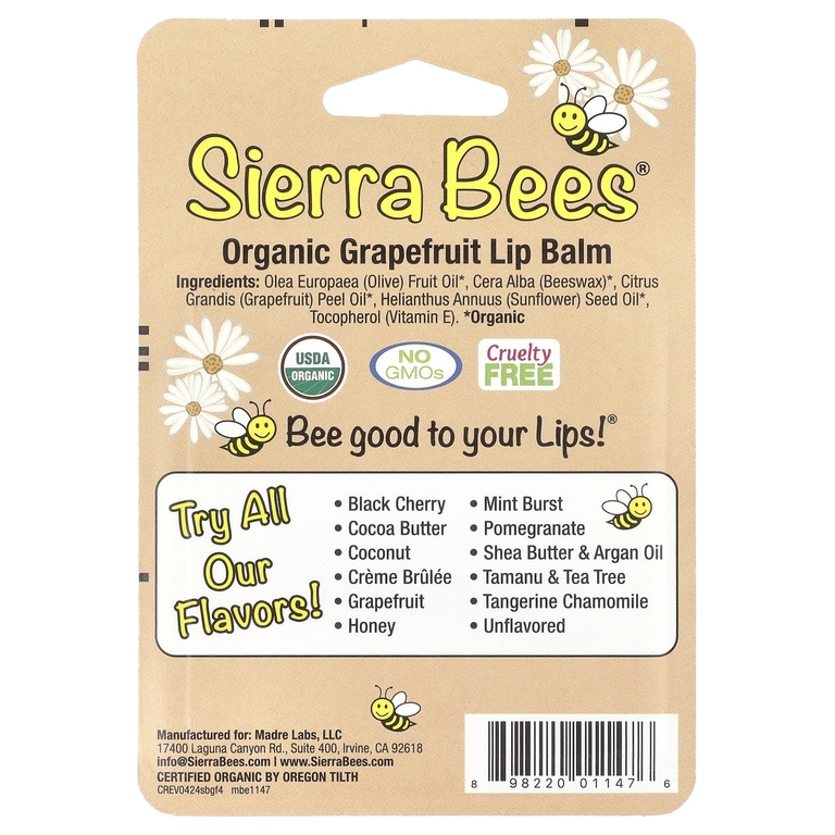 Sierra Bees, Органические бальзамы для губ, грейпфрут, 4 в упаковке, 4,25 г каждый
