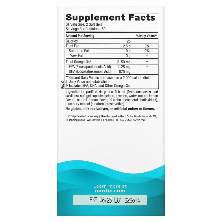 Nordic Naturals, Ultimate Omega 2X, высокоэффективные омега-3 кислоты, со вкусом лимона, 2150 мг, 120 капсул (1075 мг в 1 капсуле)