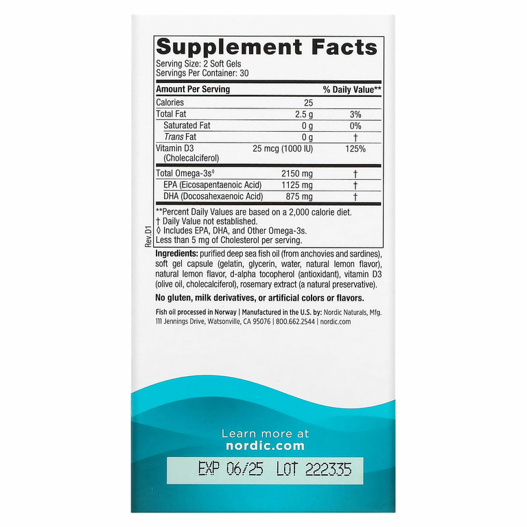 Nordic Naturals, Ultimate Omega 2X с витамином D3, лимон, 60 мягких желатиновых капсул